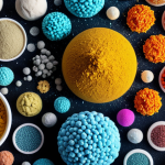**Close-up microscopic view of various powder particles**: A kaleidoscope of different shapes and sizes of powder particles under an electron microscope. Spherical, angular, and flake-like particles in a vibrant, contrasting color scheme. Focus on the intricate details and textures of the particles.