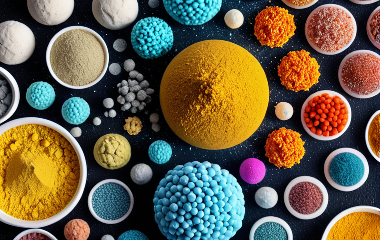 **Close-up microscopic view of various powder particles**: A kaleidoscope of different shapes and sizes of powder particles under an electron microscope. Spherical, angular, and flake-like particles in a vibrant, contrasting color scheme. Focus on the intricate details and textures of the particles.