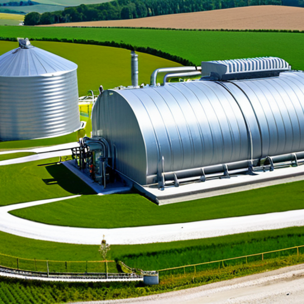 Biogas Production from Organic Waste**

"A modern biogas plant in the French countryside, showcasing the methanization process. Organic waste (food scraps, agricultural residues) enters a digester, producing biogas. Visualize a clean, industrial aesthetic with pipes, tanks, and a control panel. In the background, rolling green hills. The biogas is being used to power a local farm. safe for work, appropriate content, fully clothed, professional, perfect anatomy, correct proportions, natural pose, professional photography, high quality, modest, family-friendly."

**