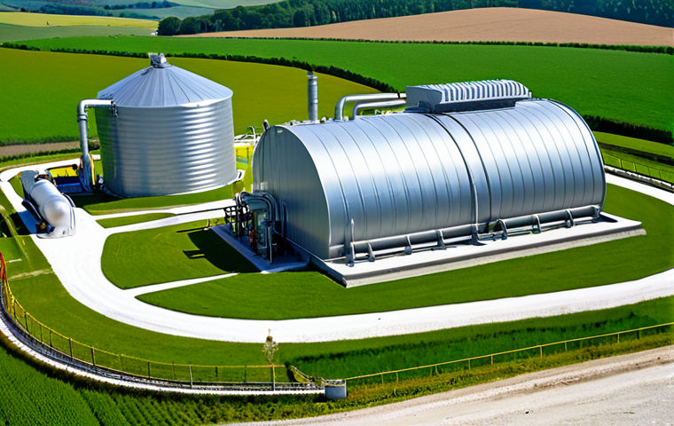 Biogas Production from Organic Waste**

"A modern biogas plant in the French countryside, showcasing the methanization process. Organic waste (food scraps, agricultural residues) enters a digester, producing biogas. Visualize a clean, industrial aesthetic with pipes, tanks, and a control panel. In the background, rolling green hills. The biogas is being used to power a local farm. safe for work, appropriate content, fully clothed, professional, perfect anatomy, correct proportions, natural pose, professional photography, high quality, modest, family-friendly."

**