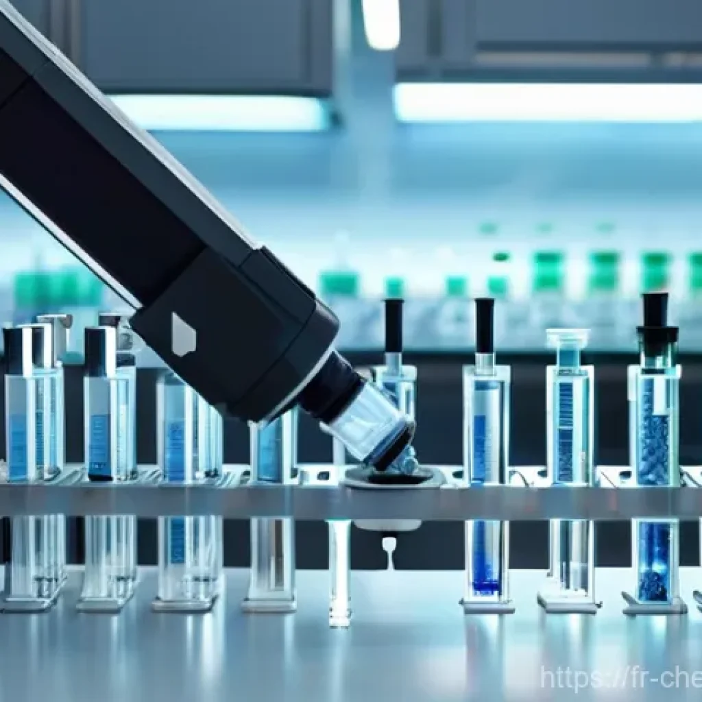 화학공학과 로봇 자동화 - **Laboratory Automation in Chemistry Research:** A highly detailed shot of a sleek, white robotic ar...