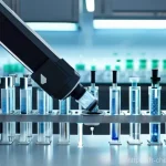 화학공학과 로봇 자동화 - **Laboratory Automation in Chemistry Research:** A highly detailed shot of a sleek, white robotic ar...