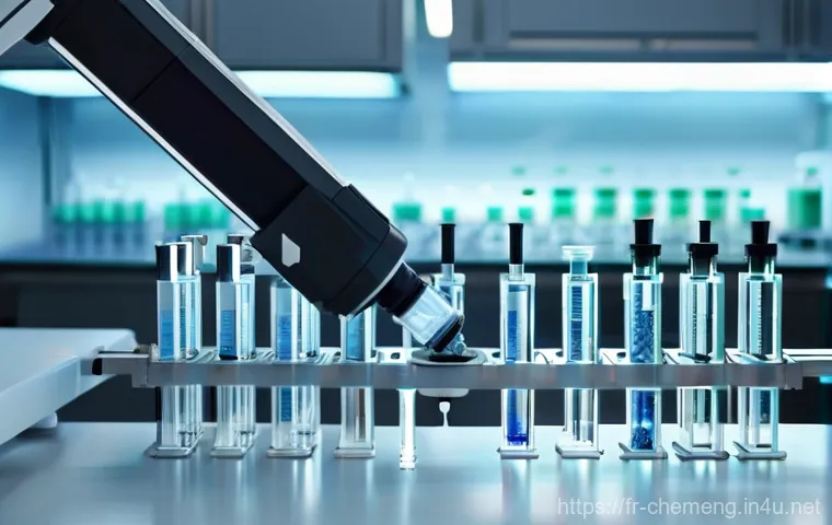 화학공학과 로봇 자동화 - **Laboratory Automation in Chemistry Research:** A highly detailed shot of a sleek, white robotic ar...