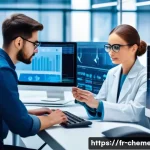 Home 22 화학공학 실험 데이터 분석 - A modern chemical engineering laboratory scene with a diverse group of professionals analyzing exper...