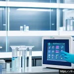 Home 21 기능성 고분자 소재 - A detailed close-up of a futuristic medical laboratory scene showcasing smart polymers used for targ...