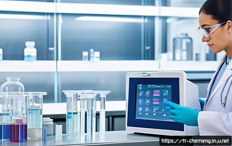 기능성 고분자 소재 - A detailed close-up of a futuristic medical laboratory scene showcasing smart polymers used for targ...