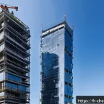 Home 20 스마트 소재 및 자가치유 재료 - A futuristic Parisian construction site featuring smart self-healing polymer composites used on buil...