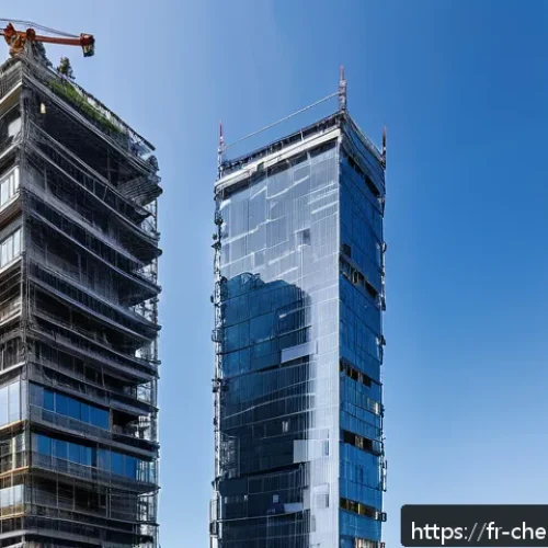 Home 32 스마트 소재 및 자가치유 재료 - A futuristic Parisian construction site featuring smart self-healing polymer composites used on buil...