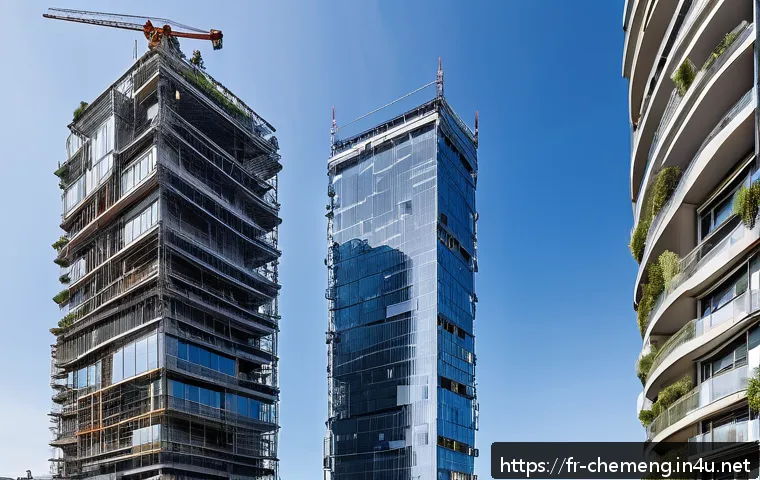스마트 소재 및 자가치유 재료 - A futuristic Parisian construction site featuring smart self-healing polymer composites used on buil...