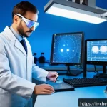 Home 19 레이저 화학 반응 및 공정기술 - A high-tech chemistry laboratory scene featuring a scientist in safety goggles and lab coat working ...