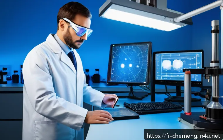 레이저 화학 반응 및 공정기술 - A high-tech chemistry laboratory scene featuring a scientist in safety goggles and lab coat working ...