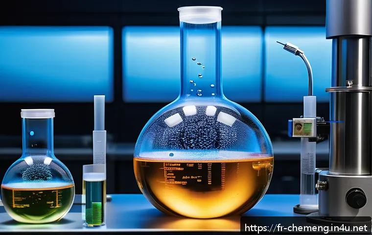 초음파를 이용한 화학공정 - A high-tech laboratory scene illustrating ultrasonic cavitation in a transparent liquid medium, show...
