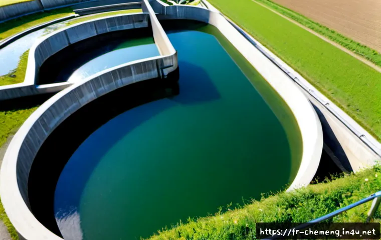 Home 17 생물학적 수처리 공정 - Photorealistic wide-angle view of a modern biological wastewater treatment plant in rural France, la...