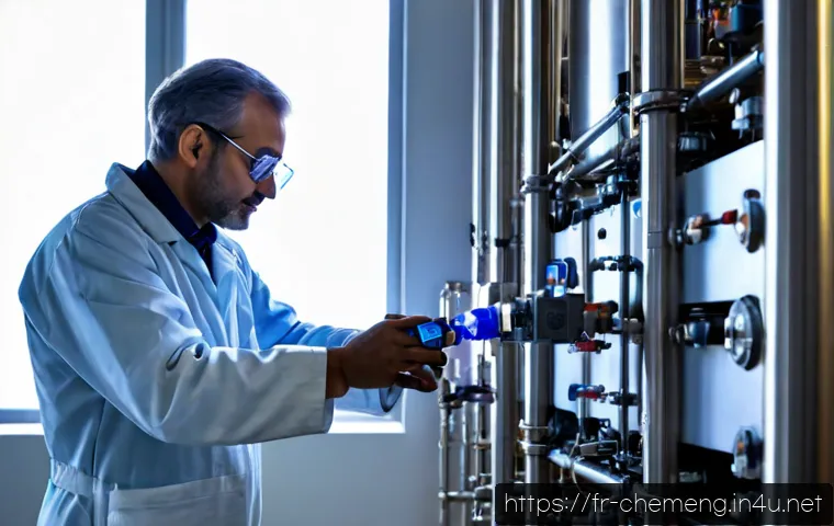 Home 17 플라즈마를 이용한 화학공정 - Photorealistic French industrial research laboratory, a plasma chemical reactor with a glowing viole...